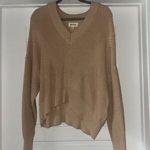 Tan V-Neck Sweater with Chunky Knit